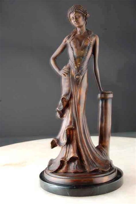 Lady Leaning On Pedestal Bronze Art Deco Nouveau Sculpture