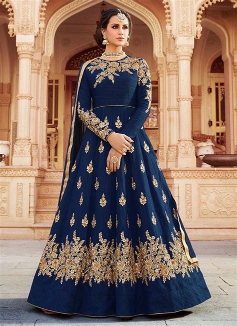 Deep Blue And Gold Embroidered Art Silk Anarkali Costumes Anarkali