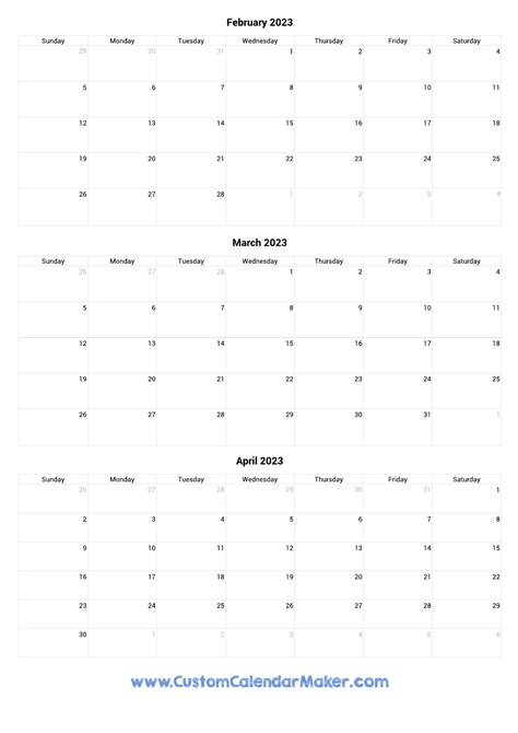 February To April 2023 Calendar Printable