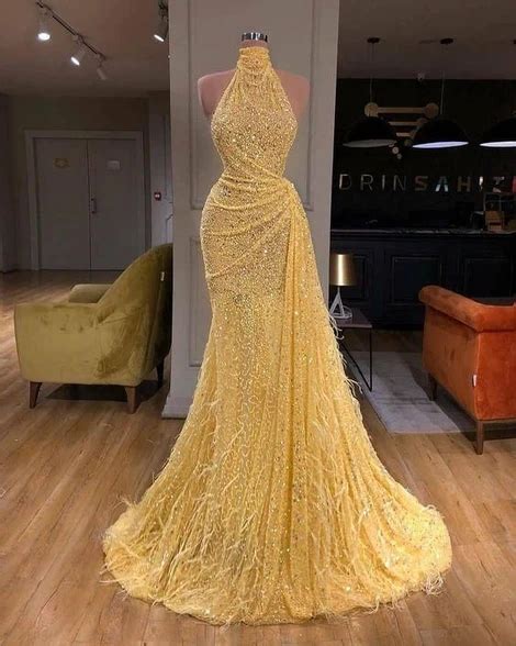 Yellow Evening Dresses Long High Neck Sparkly Feather Luxury Bling Eve