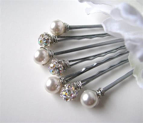 Pearl And Rhinestone Hair Pins White And Ab Or Clear Classic Elegance Set Of 7 Hair Pins