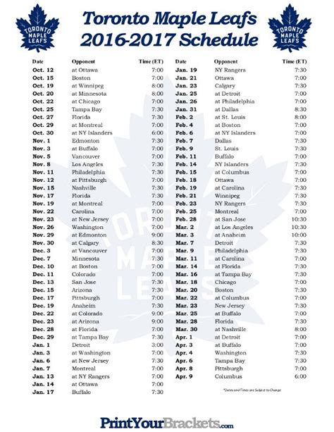 Printable Toronto Maple Leafs Hockey Schedule 2016 2017 Toronto