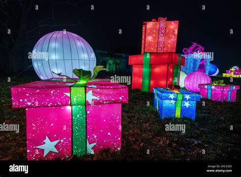 Colorful Illuminated Christmas Present Boxes At Lightopia London Stock