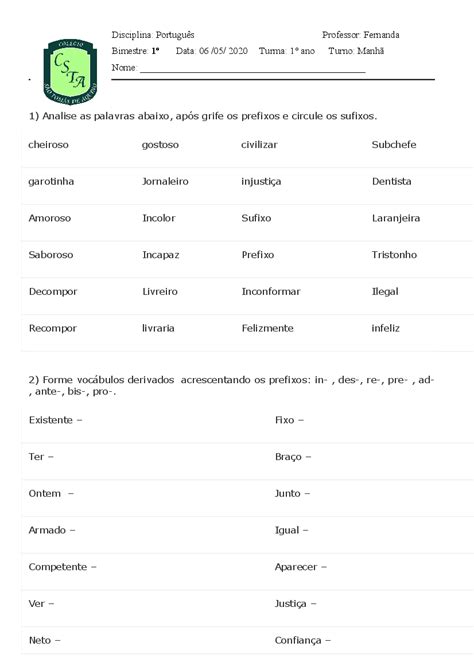 Atividade Sobre Prefixo E Sufixo 5 Ano