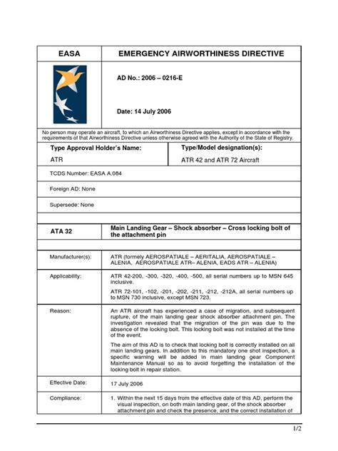 Easa Emergency Airworthiness Directive Ad No 2006 0216 E