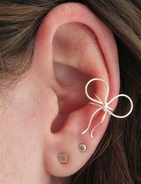 Gold Bow Ear Cartilage Cuff Piercing Jewelry Bead Wires Shine