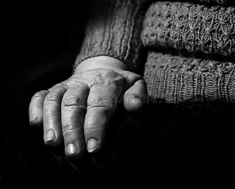 Old Hands The Aged Woman Close Up Portrait Black And White Stock