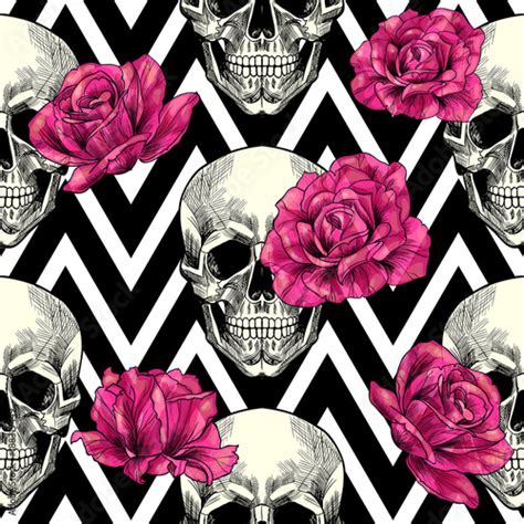 Skull And Pink Roses On A Geometric Background Vector Seamless Pattern