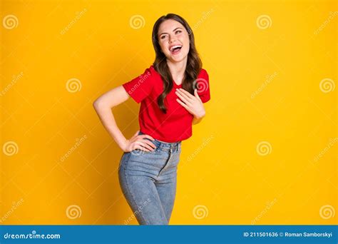 Photo Of Crazy Girl Laugh Touch Hand Chest Look Copyspace Isolated Over Vivid Color Background