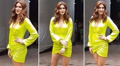 Bollywood Actress Kriti Sanon Looks Hot In Green Neon Mini Dress नियॉन ग्रीन मिनी ड्रेस में