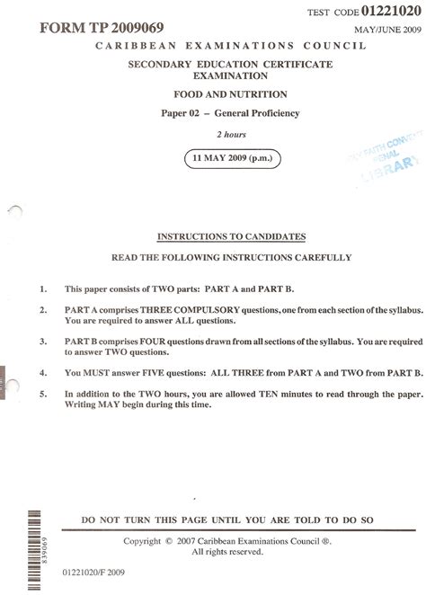 Csec Food And Nutrition June 2009 Paper 2 Blwdgc Test Code 01221020