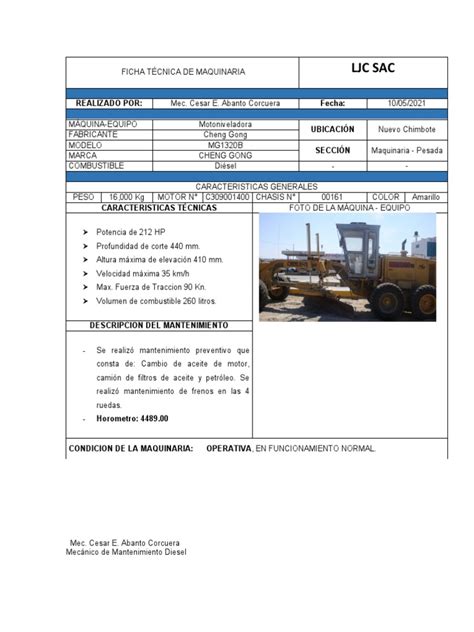 Ficha Tecnica De Maquinaria Pdf Herramientas Hormigón