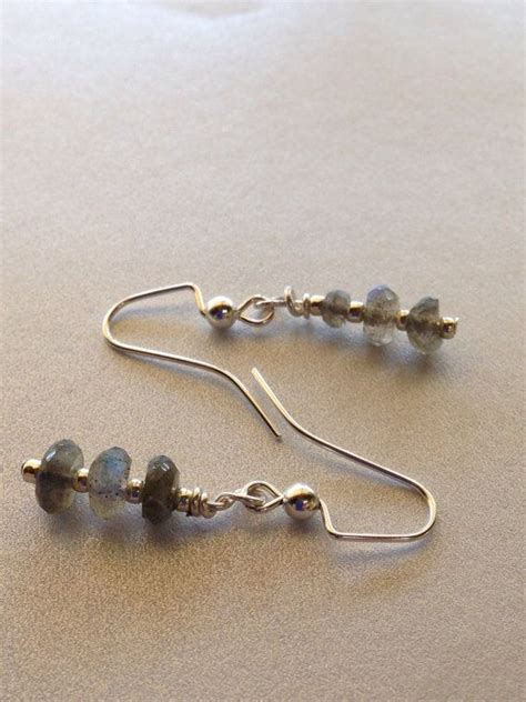 Powder Blue Labradorite Crystal Dangle Earrings Silver Tone Beads And