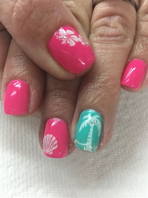 Vacation Tropical Palm Tree Sea Shell Hibiscus Gel Nails Palm Nails