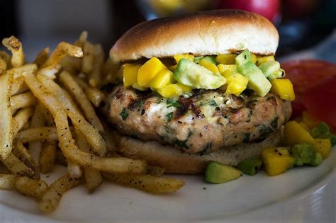 Everest sized mountain of mango avocado salsa. Grilled Chicken Burgers with Mango Salsa | Recipe (With ...