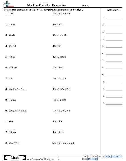 Questions and comments should be directed to linda patch at the department of public grade 7. Algebra Worksheets - Matching Equivalent Expressions ...
