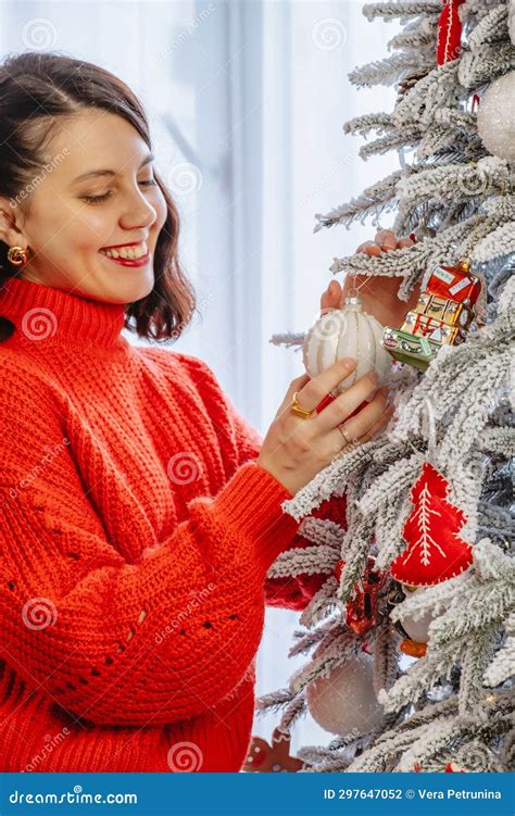 Beautiful Woman Decorating Christmas Tree Stock Photo Image Of