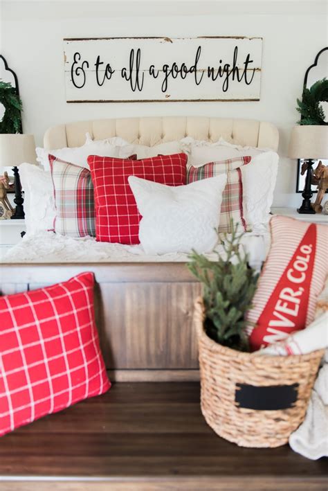 This bedroom has a four poster bed so i strung a garland of cedar around the bed. A Cozy Cheerful Farmhouse Christmas Bedroom - Liz Marie Blog