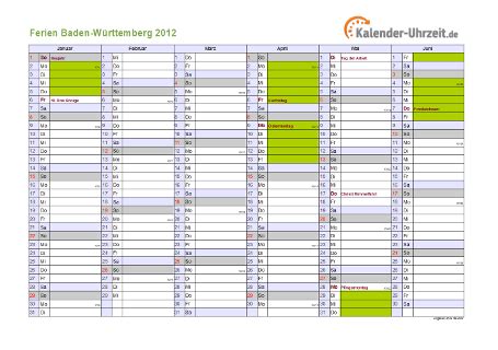 Kalender 2021 mit kalenderwochen + feiertagen: Ferien Baden-Württemberg 2012 - Ferienkalender zum Ausdrucken