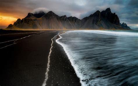 Download Wallpapers Vestrahorn 4k Coast Mountains Sunset Waves