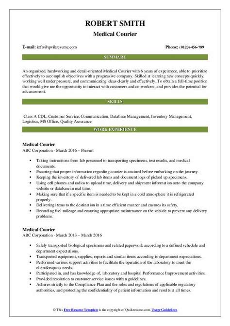 Tips to follow when writing a medical resume. Courier Resume Samples | QwikResume