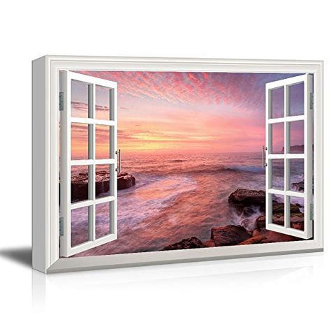 3d Visual Effect View Through Window Frame Coastal Area With Huge Rocks