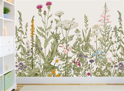 Wildflower Wall Mural Removable Wallpaper Self Adhesive Etsy Fern