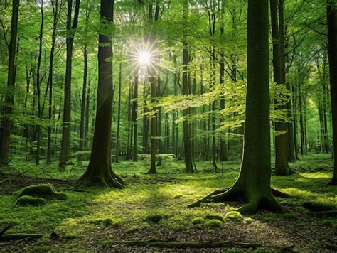 Premium Photo Sunlight Shining Through The Trees In A Green Forest