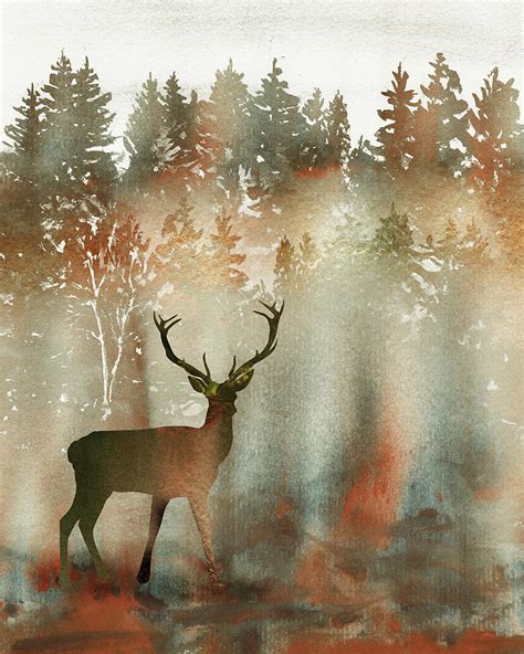 Deer Buck In Fall Forest Watercolor Silhouette Painting By Irina