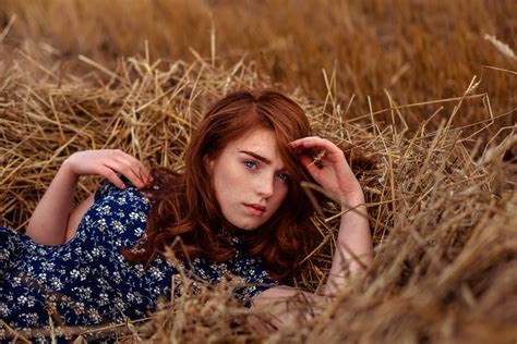 Lying Down Redhead Freckles Girl Blue Eyes Woman Dress Model