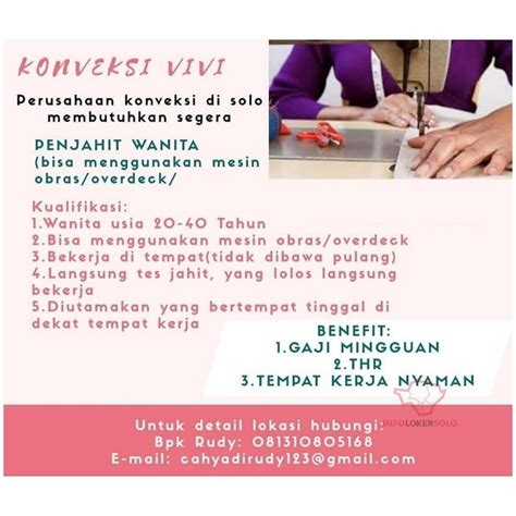 Cari lowongan kerja untuk supir untuk karir dan pekerjaan anda. Lowongan Kerja Perusahaan Konveksi Vivi di Solo - INFO LOKER SOLO