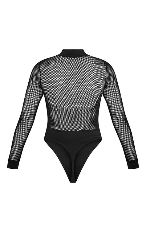Black Long Sleeve Fishnet High Neck Bodysuit Prettylittlething Ca
