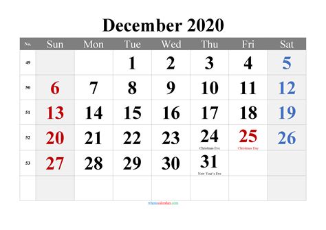 December 2020 Printable Calendar With Holidays