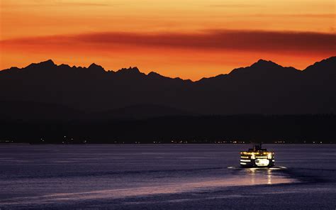 Wallpaper Mountains Ship Sunset Sea Bay Night Lake Reflection