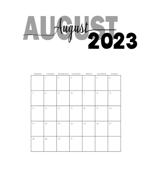 2023 Calendar Month Of August
