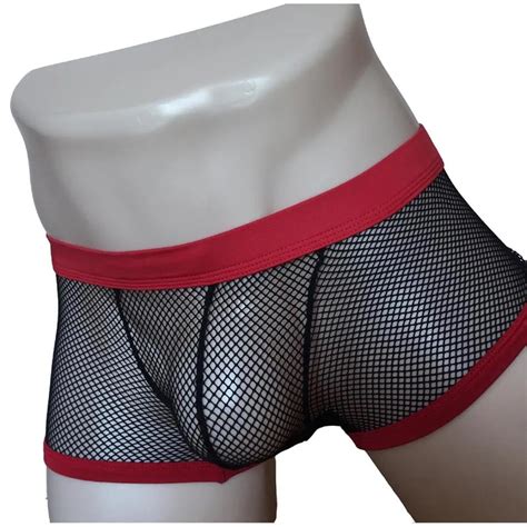 Sexy Men Red Trim See Through Mesh Boxer Briefs Shorts Sheer Bulge