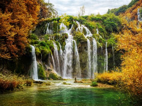 Croatia Parks Waterfalls Autumn Plitvice National Park Nature Wallpaper