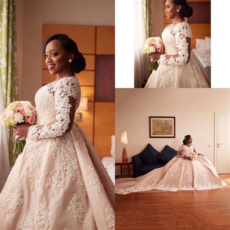 African Nigerian 2019 Long Sleeves Wedding Dresses Beads Crystals Lace Appliques Court Train