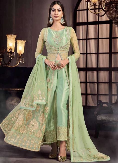 Mint Green Net Anarkali Pant Suit Salwar Kameez Designer Collection