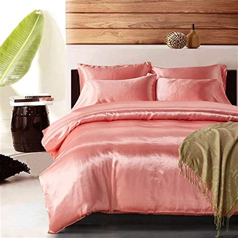 Amazon Com Peach Pink Queen Satin Comforter Cover Pillowcase Set Hypoallergenic Wrinkle