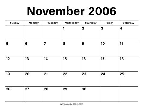November 2006 Calendar Printable Old Calendars