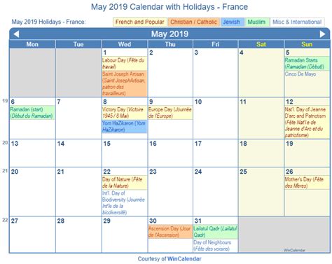 Print Friendly May 2019 France Calendar For Printing