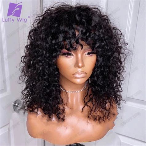 Density Curly Full Machine Made Scalp Top Wig With Bangs Remy