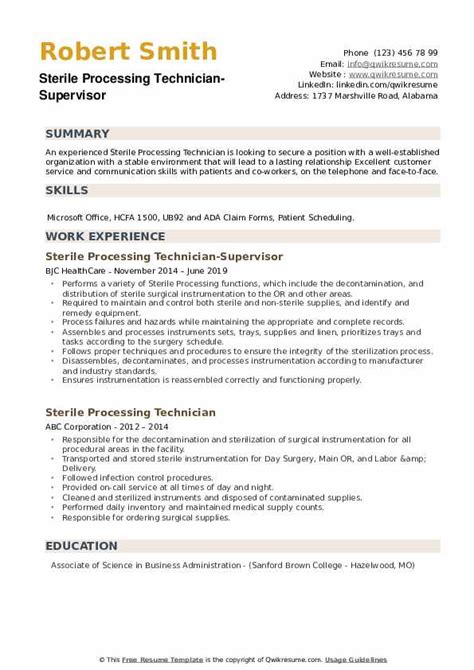 sterile processing technician resume samples qwikresume