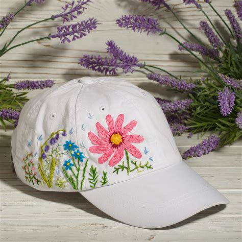 Hand Embroidered Flower Baseball Cap White Stitched Hat For Etsy In