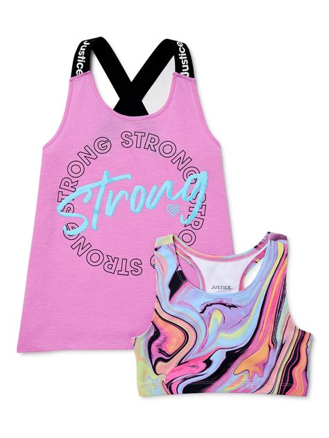 Justice Girls Cross Back Graphic Active Tank Top And Bra 2 Piece Set