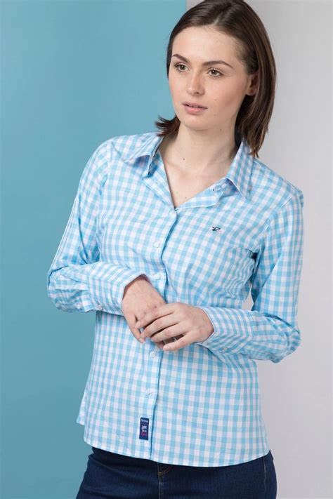 Ladies Classic Oxford Cotton Check Shirt Blue And White Cotton Oxford