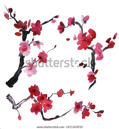 Frame Red Sakura Flowers Watercolor Background Stock Illustration