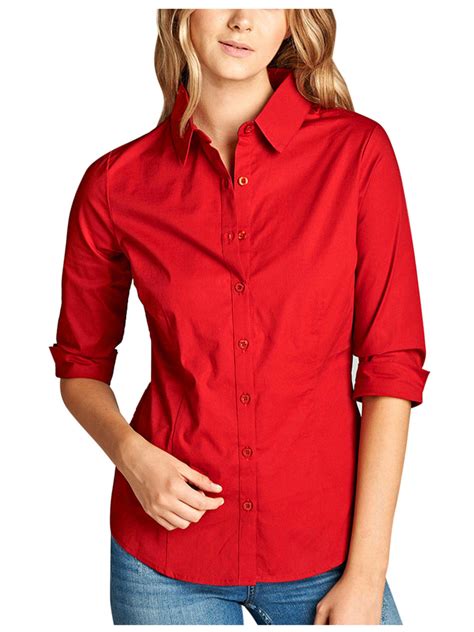 Womens Classic Solid 3 4 Sleeve Button Down Blouse Dress Shirt Kogmo