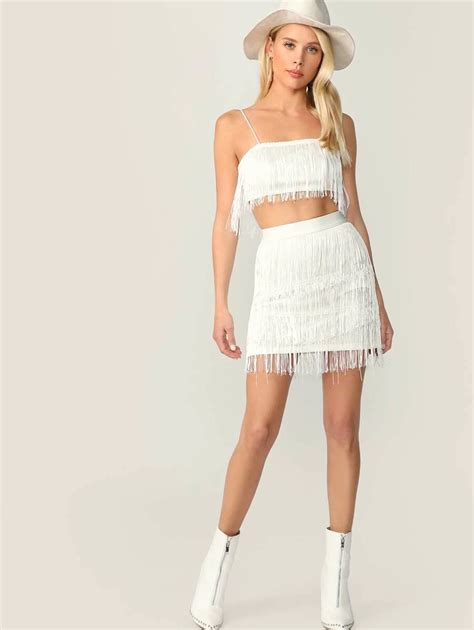 Shein Fringe Detail Cami Top And Bodycon Skirt Set Bride Bachelorette Outfit Bachelorette